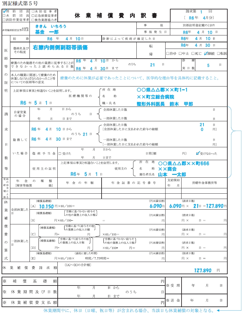 休業補償費内訳書