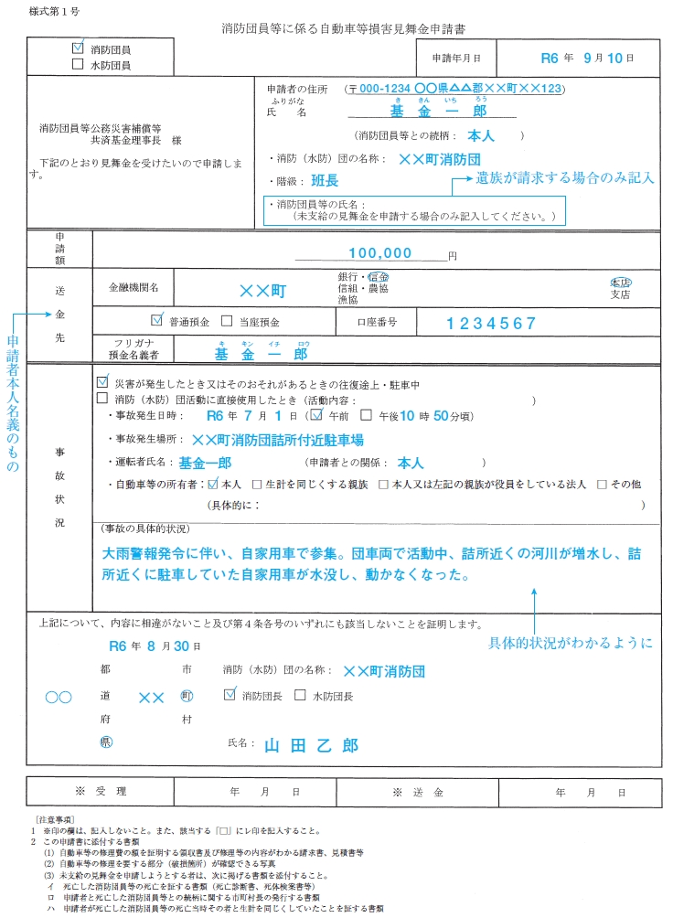 消防団員等に係る自動車等損害見舞金申請書